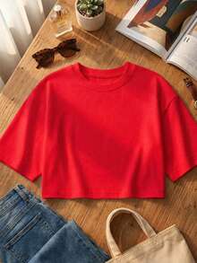 Blusa de mujer de corte holgado, cuello redondo, manga corta, casual, adecuada para primavera y verano, con estilo minimalista, elegante y sexy Y2K, apta para uso diario, oficina, hogar y exteriores - Rojo - Ver 2