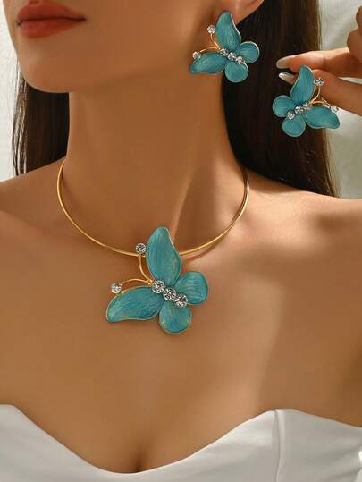 一套三件时尚夸张3D蝴蝶项链、颈链和耳环套装，独特个性化，奢华金属包裹颈链，彩色水钻蝴蝶耳环和项链套装，适合女性日常、度假和派对佩戴