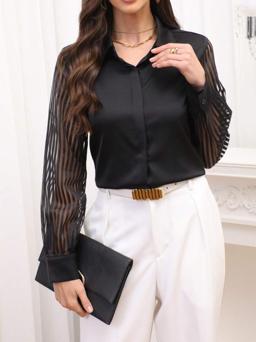 Camisa de manga larga de satén de unicolor y holgada para mujer, nueva llegada de primavera/verano. Blusa de oficina con cremallera delantera de unicolor y parche de malla, color negro.