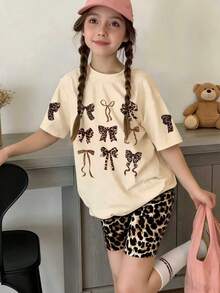 2pcs/Set Girls' Leopard Print Casual Minimalist Short Sleeve Top And Shorts Set, Suitable For Summer - Apricot - View 6