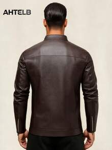 Chaqueta de cuero de motocicleta retro casual para hombre AHTELB, primavera/otoño, abrigo de cuero de unicolor elegante y atractivo, estilo de carreras de otoño - Café integral - Ver 2