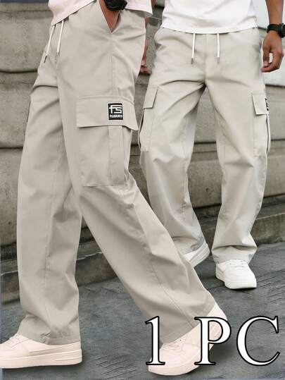 男士时尚工装裤，多口袋直筒裤型，松紧腰带，宽松纯色，单侧刺绣Logo，训练运动工装裤
