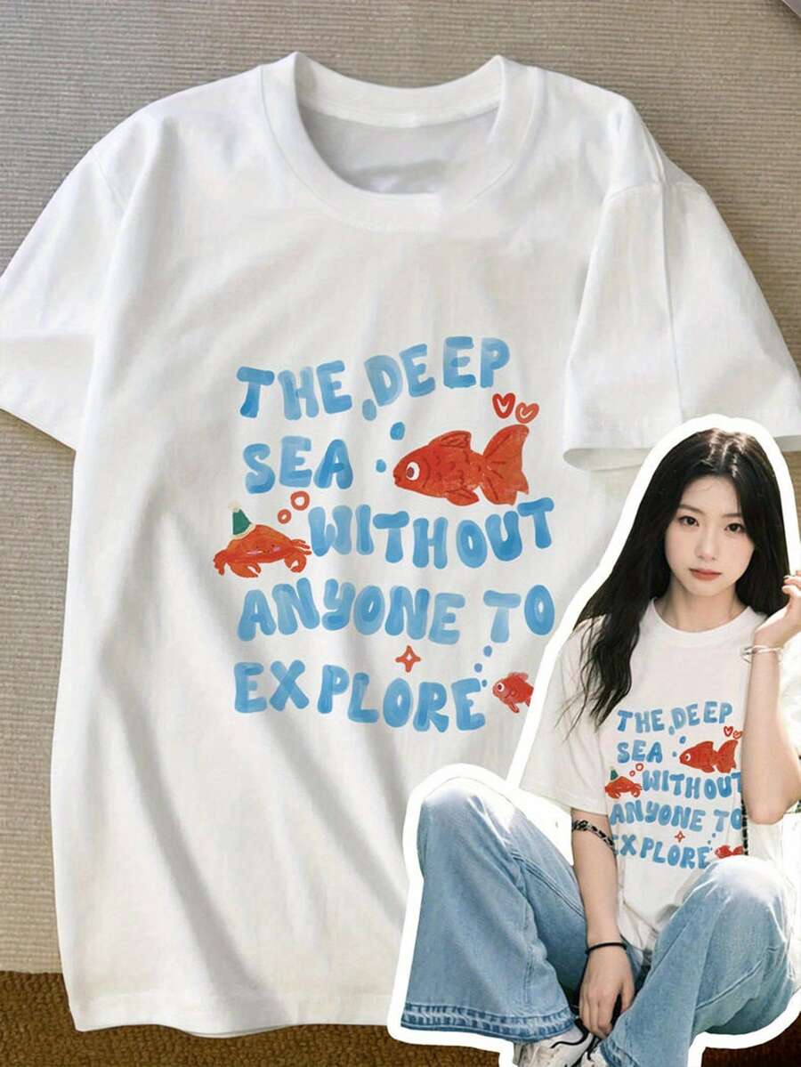 Women's Casual Loose Short Sleeve T-Shirt - Light Gray Round Neck With "Unexplored Deep Sea" Lettering And Cartoon Fish Print, Breathable Top For Spring And Summer, Beach Style Outfit, Ocean Theme Apparel, Fun Pattern Comfortable T-Shirt - Relaxed Fit Casual Vintage Style Comfort Daily Short Sleeve Unisex Cotton T-Shirt Top - trắng - Xem 1