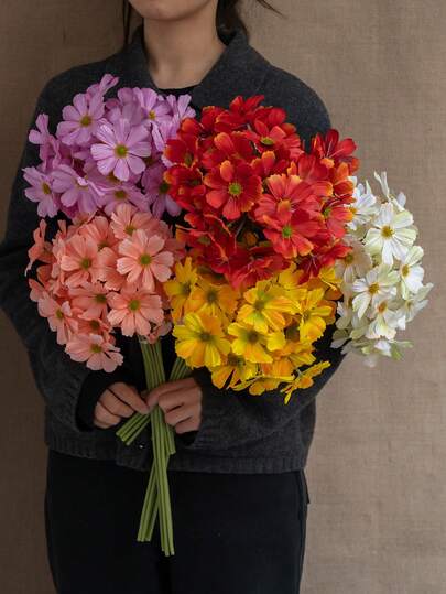 6pcs/Lot Artificial 6-Stem Chrysanthemum Flowers, Living Room Tabletop Decor, Home Decoration, Wedding Craft Supplies