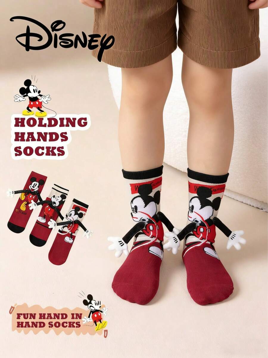 Disney 3双可爱3D手柄袜，儿童圣诞节过膝袜，时尚儿童派对高筒袜，高品质礼物。开学季，时尚有趣的小粉丝，家庭聚会圣诞礼物手柄袜 - 彩色 - 查看 1