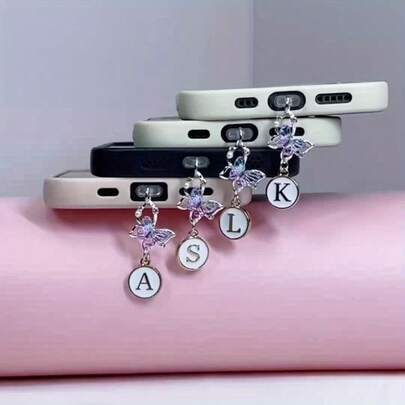 1pc Rhinestone Gradient Butterfly Letter Pendant Phone Dust Plug, Compatible With IPhone/Type-C, Cute Phone Charm Gift For Women (A-Z Pattern)