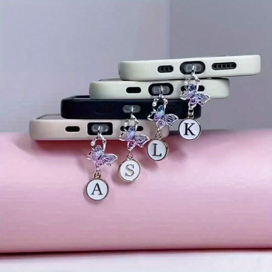 1pc Rhinestone Gradient Butterfly Letter Pendant Phone Dust Plug, Compatible With IPhone/Type-C, Cute Phone Charm Gift For Women (A-Z Pattern) - Multicolor - View 1