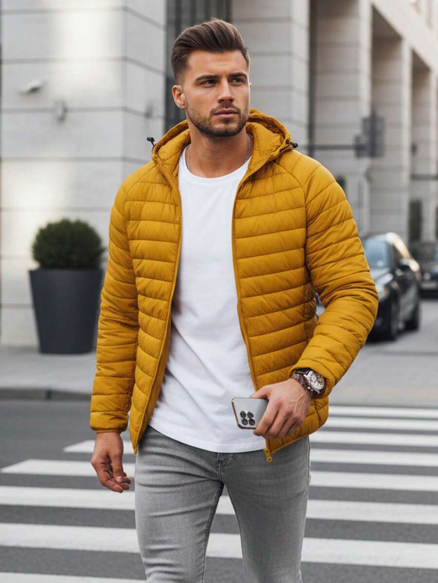 Men's Transitional Season Quilted Jacket, Hooded, Zip-Up Closure, Lightweight And Short, With Elastic Cuffs And Hem, And Features Internal And External Pockets And An Adjustable Hood. - Yellow - View 1