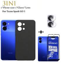 Capa de Silicone TPU 3 em 1 para Te Cno Spark GO 3: Capa macia de TPU e silicone, à prova de choque, moderna, fosca e resistente ao amarelamento + Protetor de tela de vidro temperado com dureza 9H para Te Cno Spark GO 3, resistente a arranhões e rachaduras, sem bolhas, ideal para jogos + Película para Lente. Kit de fácil instalação. Presente perfeito para a primavera. - Preto - Ver 1