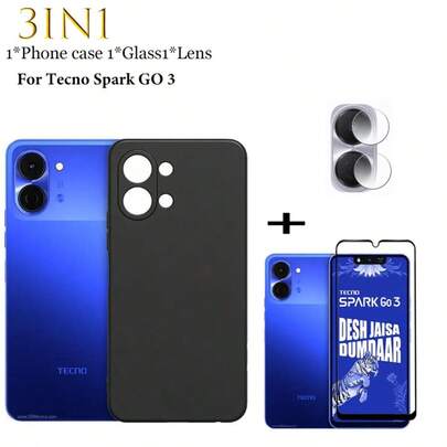 3IN1 For Te Cno Spark GO 3 Case TPU-Silicone Soft Case-Shockproof-Fashion- Matte Anti-Yellowing Phone Case+9H Hardness-Tempered Glass Screen Protector ForTe Cno Spark GO 3 Anti Scratch-Crack Resistant-Bubble Free For Gaming +Lens Film 3 Packs Value Set -Easy Install Kit