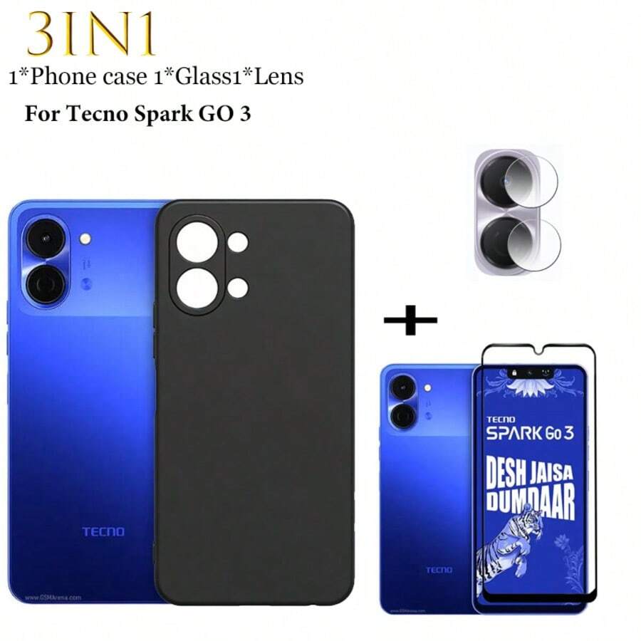 Capa de Silicone TPU 3 em 1 para Te Cno Spark GO 3: Capa macia de TPU e silicone, à prova de choque, moderna, fosca e resistente ao amarelamento + Protetor de tela de vidro temperado com dureza 9H para Te Cno Spark GO 3, resistente a arranhões e rachaduras, sem bolhas, ideal para jogos + Película para Lente. Kit de fácil instalação. Presente perfeito para a primavera. - Preto - Ver 1
