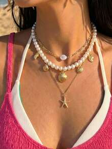 3件套夸张仿珍珠海星贝壳多层项链套装，适合女性日常、派对、度假、约会、生日礼物 - 金黃色 - 查看 2