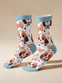 1双可爱小狗图案袜子 - 萌萌的小狗和蝴蝶结设计，保暖又有趣，360°数码印花中筒袜 - 彩色 - 查看 4