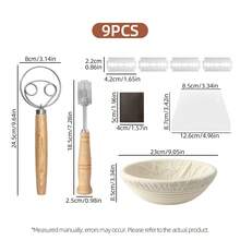9 piezas Juego de herramientas para hornear pan, Canasta de fermentación ovalada y redonda con batidor de masa, espátula y lama para pan, kit completo de horneado de pan con masa madre para panaderos caseros - - - Ver 9