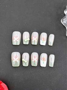 Purely Handmade Nail Art,10-Piece Set,Lime Green,Short Trapezoid,Beauty , Fragrancestyle, French Tip Nails,Press On Nails - Lime Green - View 6