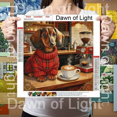 1 bức tranh đính đá 5D tự làm - "Chú chó Dachshund mặc áo len với trái tim và cà phê" - Bộ tranh đính đá acrylic tròn nhiều kích cỡ, thích hợp trang trí bàn làm việc tại nhà và văn phòng, trang trí tường, phòng khách, phòng ngủ, phòng học. Là món quà trang trí nhà lý tưởng cho người mới bắt đầu và những người yêu thích thủ công, quà tặng thủ công cho buổi họp mặt gia đình, tiệc sinh nhật và các lễ hội khác nhau.