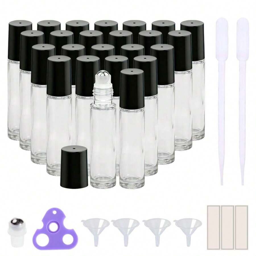 PrettyCare 24 Pack, 10 Ml Essential Oil Roller Bottles With Stainless Steel Roller Ball - Refillable Leak-Proof Empty Thick Clear Glass Roll On Bottles With Black Caps For Travel, Perfume - MàuF - Xem 1