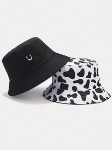 Mũ tai bèo hai mặt in hình mặt cười, họa tiết bò sữa, đen trắng, thêu, kiểu dáng thường ngày, có thể gấp gọn, thoáng khí, phù hợp cho cả nam và nữ, thích hợp cho nhiều dịp. - A - Xem 1