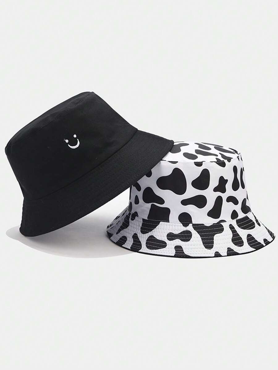 Mũ tai bèo hai mặt in hình mặt cười, họa tiết bò sữa, đen trắng, thêu, kiểu dáng thường ngày, có thể gấp gọn, thoáng khí, phù hợp cho cả nam và nữ, thích hợp cho nhiều dịp. - A - Xem 1