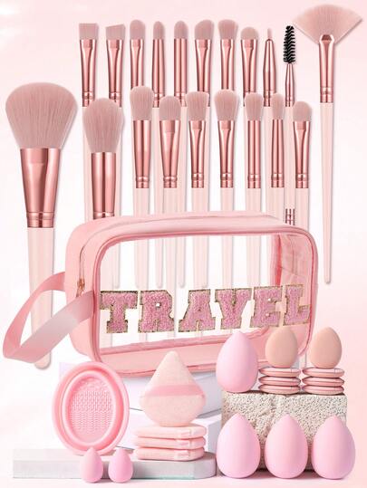 40件套化妆工具套装，包含：20支化妆刷套装+1个多功能防水拉链化妆包+8个迷你气垫粉扑+4个化妆海绵+4个三角粉扑+2个迷你化妆海绵+1套化妆刷清洁工具，一应俱全，新手友好 | 方便旅行携带，送礼佳品 | 新手/女性的完美之选