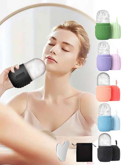 一套硅胶冰格和刮痧板面部护理工具套装，带收纳袋，冰滚轮，适用于面部护肤，女士日常护肤美容按摩工具冰袋套装