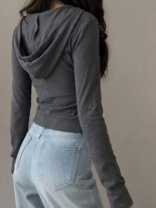 Cross V-Neck Long Sleeve Hoodie T-Shirt, Fitted & Slimming, Zipper Front - Grey - View 4