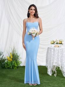 Women's Elegant Red Party Evening Gown, Mermaid Style Sleeveless Maxi Dress With Ruffle Trim And Zipper Wedding Spring - Baby Blue - View 5