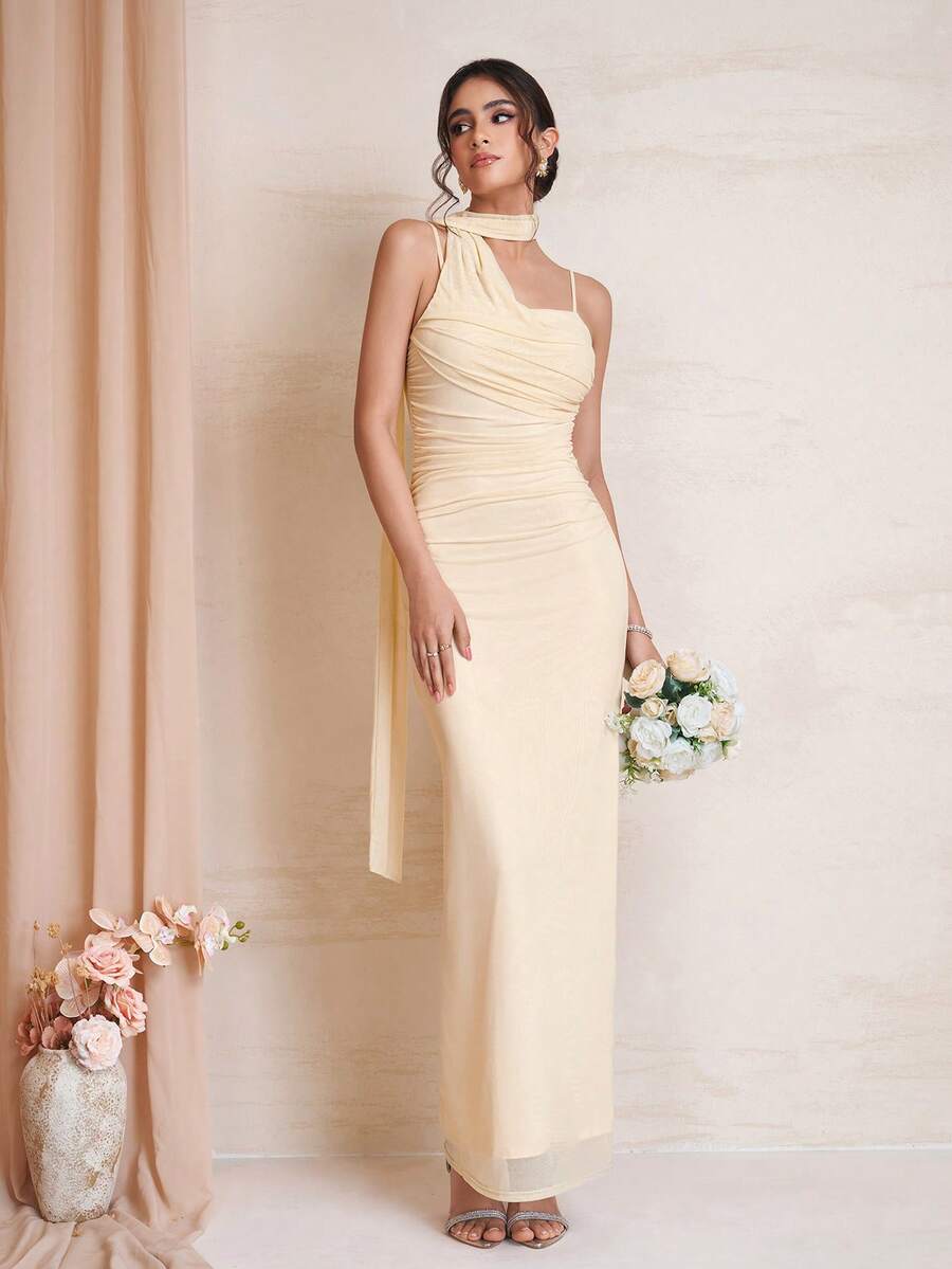 PARTHEA Elegant Tie-Neck Mesh Cocktail Dress For Women, Ruched Design Long Pencil Skirt, High Elasticity Wedding - Apricot - View 1
