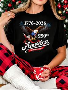 Men's 250th Anniversary American Flag T-Shirt (1776-2026) - Bald Eagle & 250 Years Design, Dark Blue Crew Neck Casual Shirt, Year-Round, Ideal Gift For Christmas/4th Of /Patriotic Events - Suitable For Men - 黑色 - 查看 1