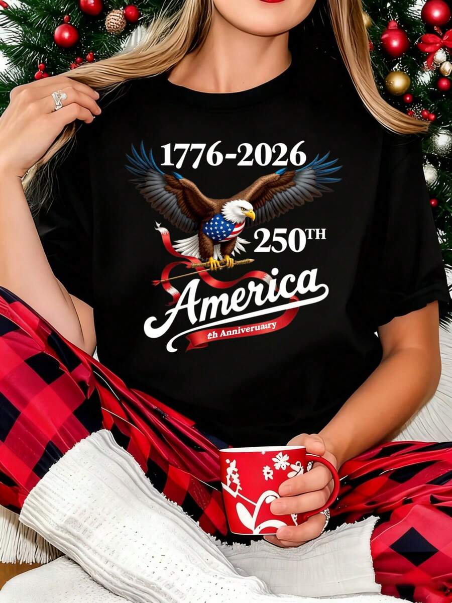 Men's 250th Anniversary American Flag T-Shirt (1776-2026) - Bald Eagle & 250 Years Design, Dark Blue Crew Neck Casual Shirt, Year-Round, Ideal Gift For Christmas/4th Of /Patriotic Events - Suitable For Men - 黑色 - 查看 1