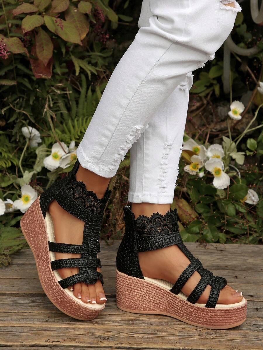 Giày sandal đế xuồng một quai cài khóa mùa hè mới 2026, kiểu dáng thời trang Âu Mỹ với khóa kéo phía sau. - màu đen - Xem 1