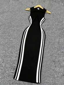 Black & White Contrast Striped Sleeveless Bodycon Midi Dress, Sporty Chic Racerback Tank Dress - Black and White - View 3