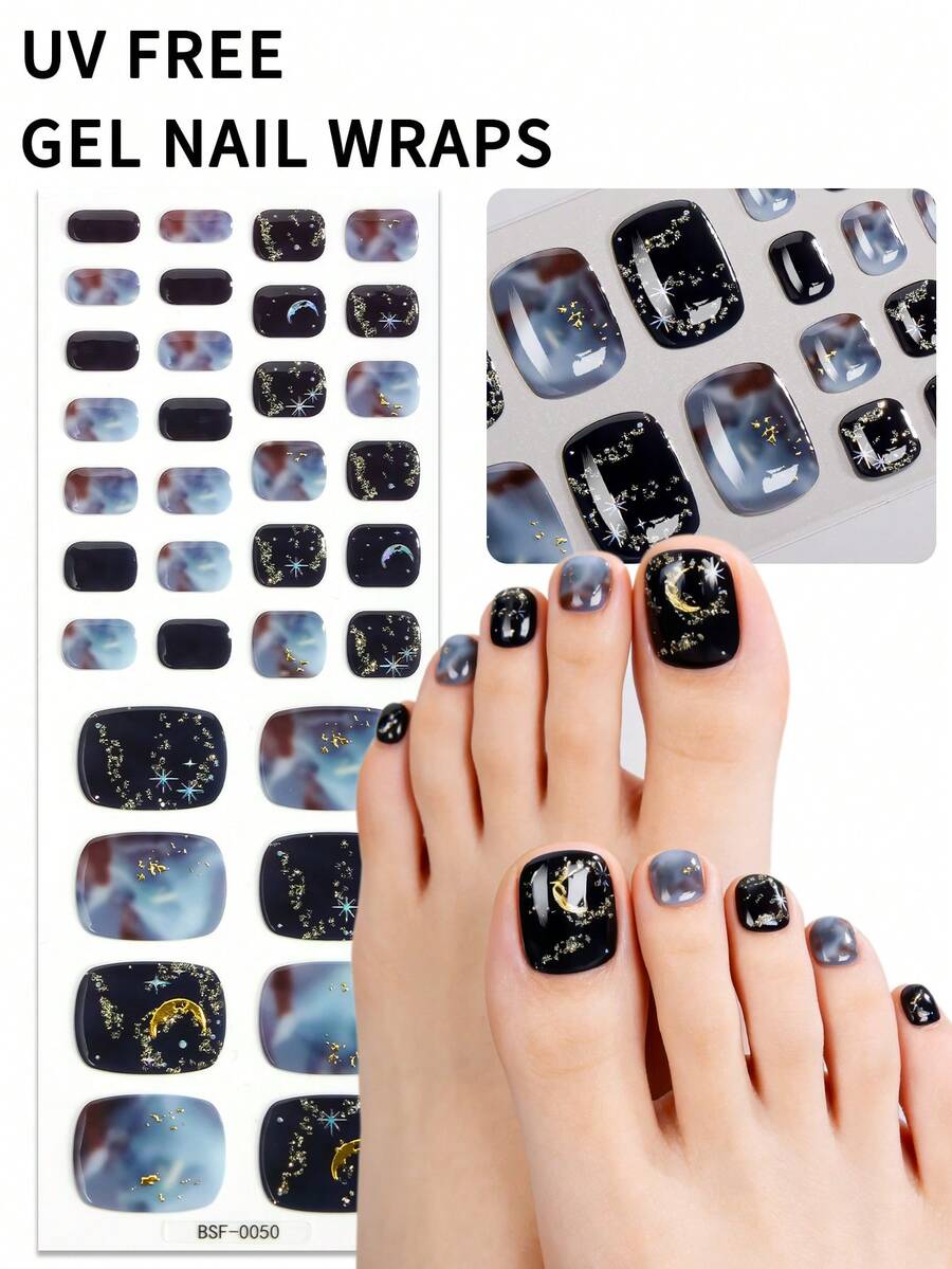 34Pcs Spring/Summer Blue Black Marble Pattern UV Free Gel Toe Nail Strip,Silver Glitter Golden Foil Personalized Light Luxury Style Style Toe Nail Stickers, Self-Adhesive Easy To Apply,Suitable For Women And Girls Home DIY Manicure - Dusty Blue - View 1