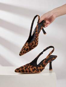 Women's Pointed Toe Leopard Print Slingback High Heel Pumps, Elegant Office & Commute Shoes For Spring/Summer - Leopard - View 2