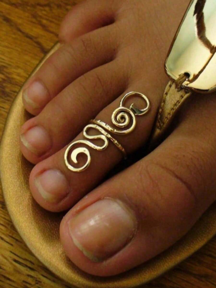 1个随机圆形弧形铜质简约可调节脚趾环，适合任何场合和节日 - 金色 - 查看 1