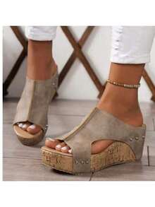 2025 New Summer European And American Style Comfortable Retro Wedge Heel Sandals, Open-Toe Hollow-Out Women'S Sandals - Grey - View 4