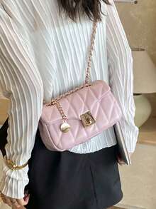 Classic Solid Color Waterproof Fabric Cartoon Pattern Rhombus Patchwork Design Chain Square Bag, Twist Lock Closure, Burgundy Suitable For Travel, Shopping, Work Commute And Party - Pink - View 5