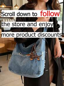 Este es un bolso de mezclilla lavada con un hermoso diseño estampado. Cuenta con una correa para el hombro ajustable, una gran capacidad y se puede usar como bolso cruzado, bolso de estudiante, bolso de lona de estilo japonés para mujer o bolso minimalista de estilo coreano para el hombro. - Azul - Ver 2