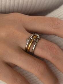 1pc 18K Gold Plated Creative Interlocking Round Rings Thick Stainless Steel Multi-Layer Ring, Perfect Jewelry Gift, Suitable For Women's Daily Wear - Ring - View 2