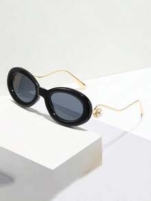 1 chiếc kính thời trang gọng tròn kiểu retro đính ngọc trai dành cho nữ, phong cách châu Âu và Mỹ, đa năng và thanh lịch. - màu đen - Xem 2