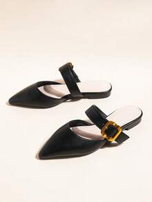 Black Pointed Toe Flat Mule Slip-On Sandals, Versatile Summer New Arrival, French Style - Black - View 3
