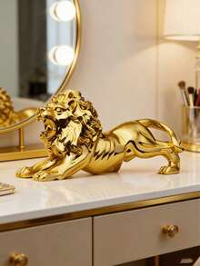 1pc Retro Style Resin Gold Lion Statue, Ideal For Decorating Bars, Offices And Bedrooms. This Lion Wall Decor Is A Perfect Home, Office, Bookshelf And Tabletop Display Item, Serving As A Charming Decor Piece And Collectible Asian Animal Sculpture. - 1PC - View 1