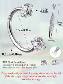 马蹄形鼻环（含可替换锆石）、内螺纹心形星形鼻环、不锈钢唇环、眉环、耳廓环、耳钉等穿刺饰品 - 彩色 - 查看 3