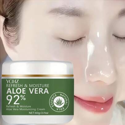 Crema de Aloe Vera, Crema corporal hidratante de Aloe Vera - 92% de pureza, Crema hidratante unisex, Se absorbe rápidamente, Previene la sequedad, Contiene 5% de aceite de coco, colágeno y niacinamida, Con un aroma fresco, Apta para uso diario y viajes, Regalo del Día de San Valentín - 60g