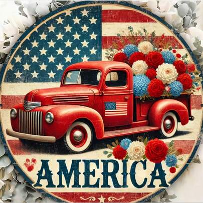 2D亚克力爱国红色卡车装饰牌匾 - 8x8英寸复古风格，带花卉装饰，适用于前门花环、独立日和美国自豪感庆祝活动