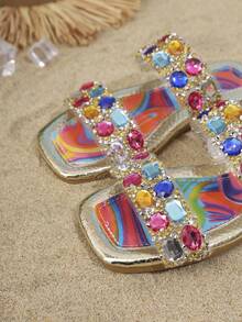 Kids Fashion Slippers, New Square Toe Rhinestone Design Shiny Girls Summer Beach Slippers - Multicolor - View 9