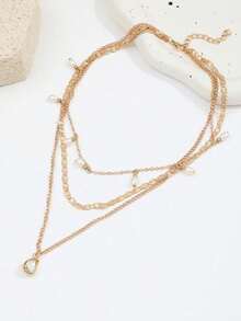 1pc Elegant Minimalist Faux Pearl Pendant Multilayer Necklace, Suitable For Women's Daily Wear - 黃金 - 查看 4