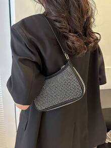 Fashionable Rhinestone Studded Shiny Women's Underarm Bag, New Minimalist Elegant One Shoulder Handbag - Silver - View 11