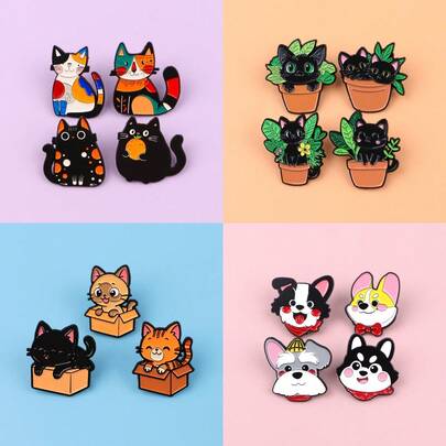 3-4pcs/Set Cute Cartoon Pet Dogs Enamel Pins Set Funny Animals Potted Black Cats Brooch Lapel Pin Badge On Backpack Clothing Accessories Fashion Jewelry Friends Gifts
