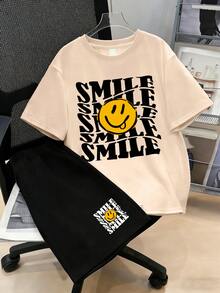 Tween Boy 2pcs/Set New Arrival Spring/Summer 2024 Laughing Face Print Short Sleeve T-Shirt And Casual Shorts - Multicolor - View 1